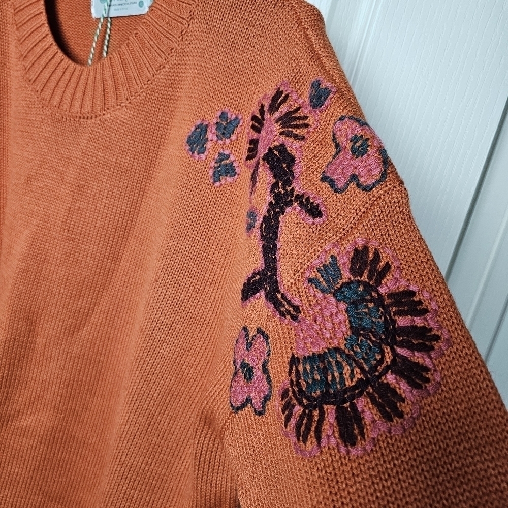 Aventura Clothing Misha Sweater Orange Embroidered Floral Merino Wool XL - Picture 8 of 16